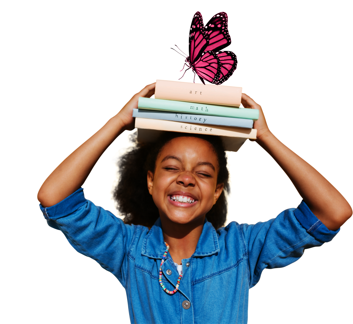 girl with books and butterfly