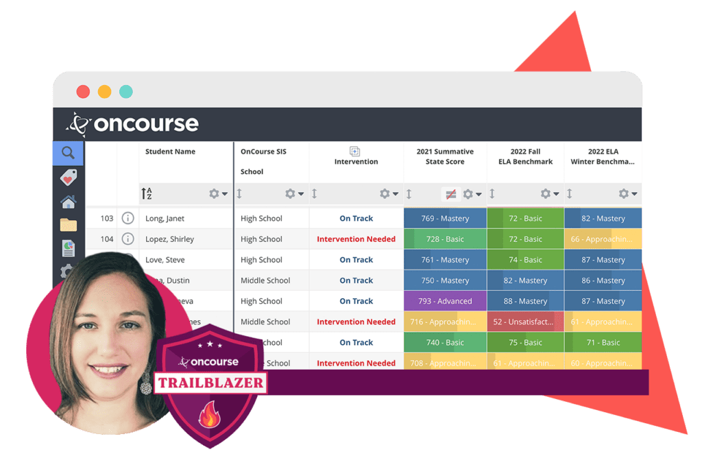 Photo of Amy Ard, OnCourse Trailblazer, and sample of Multiple Measures dashboard.