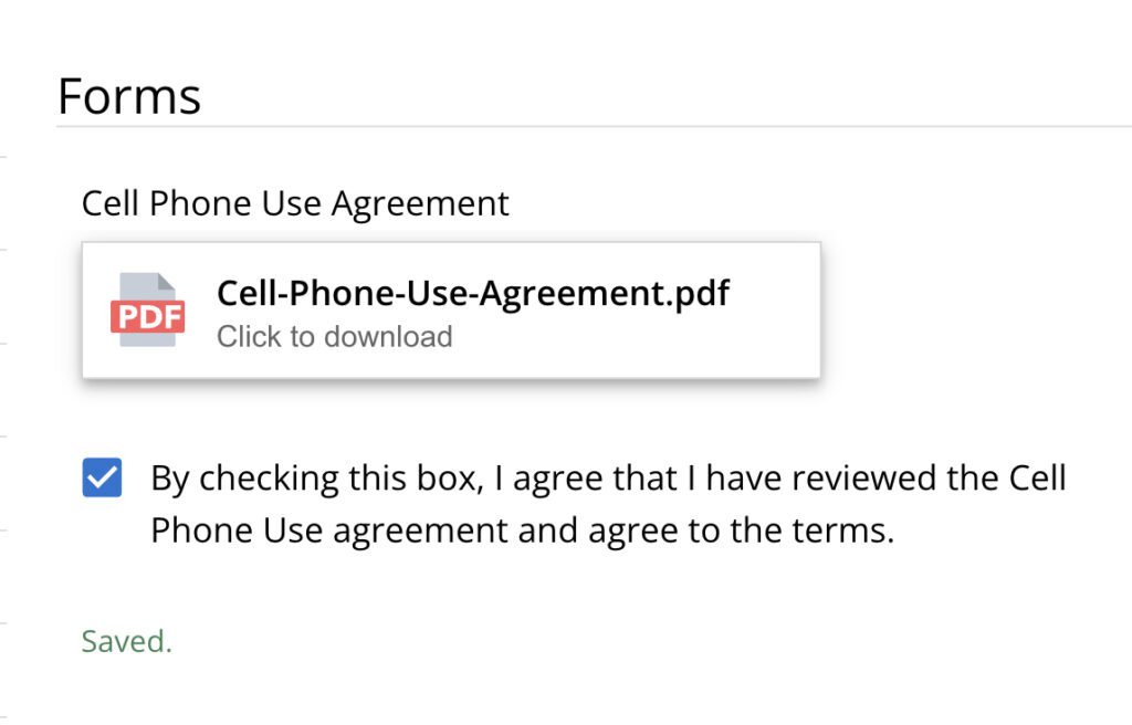 Screenshot of a cell phone agreement in an online registration form