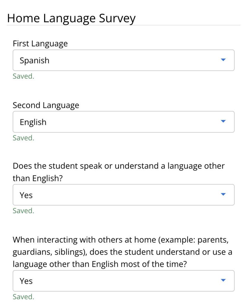 Screenshot of a home language survey integrated into online registration