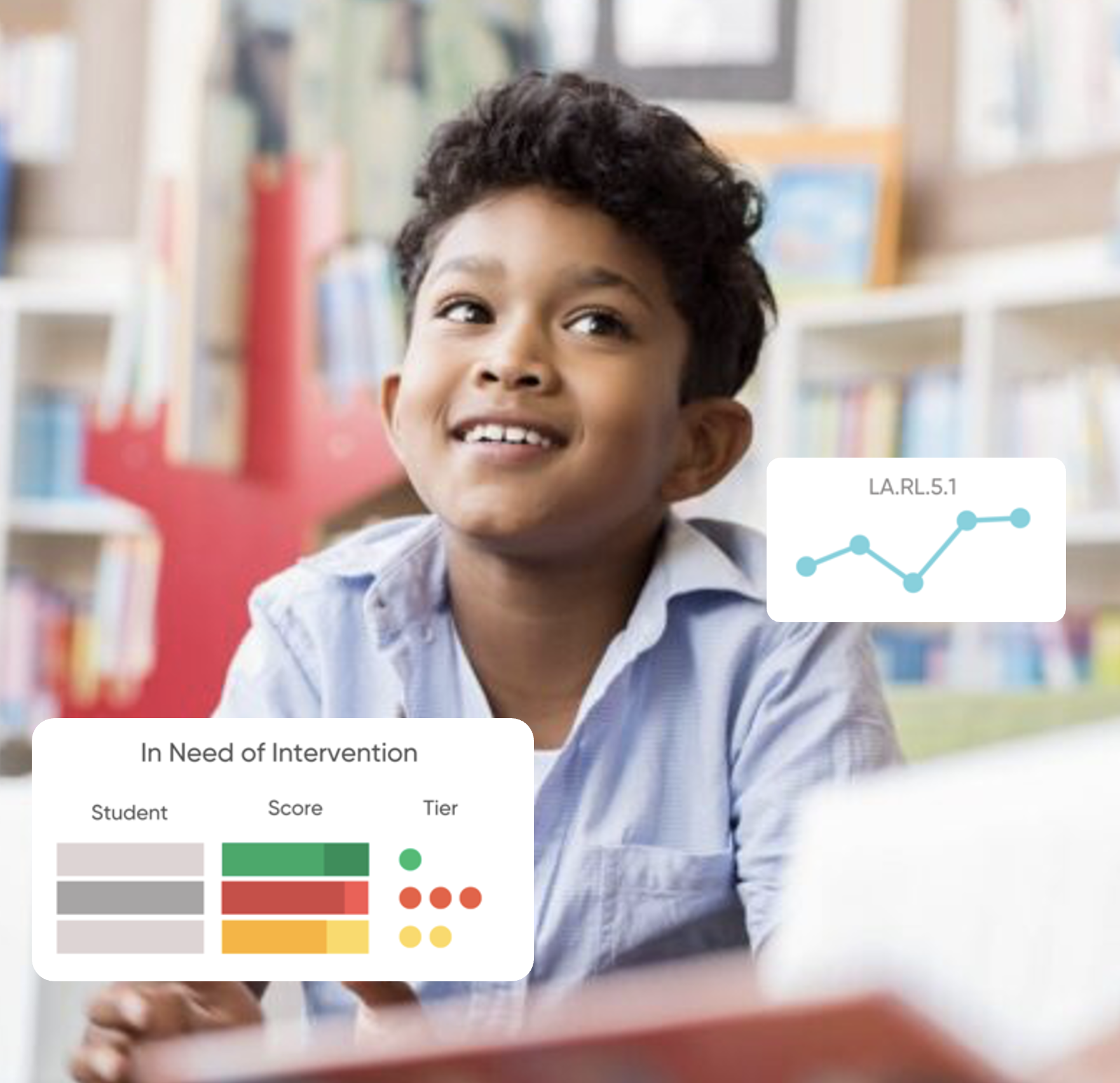 Student in a library with achievement data cards