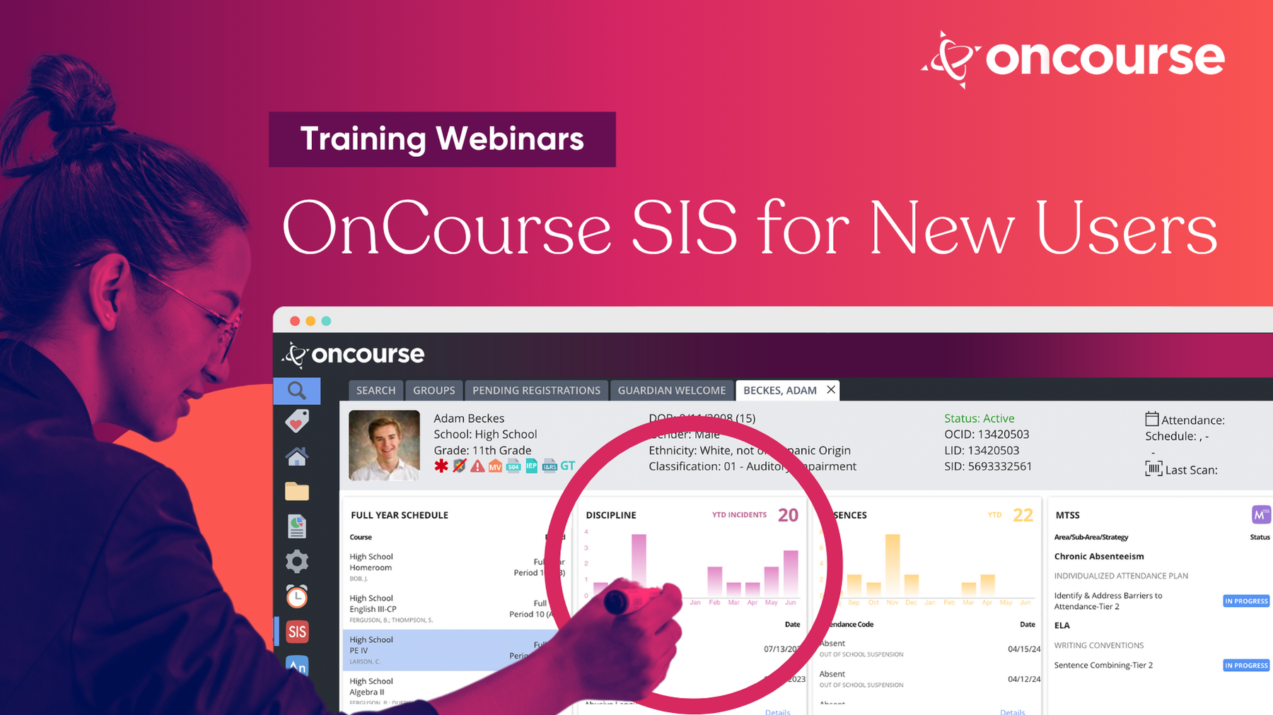 Banner promoting New User Training for OnCourse SIS, woman pointing at OnCourse SIS screen