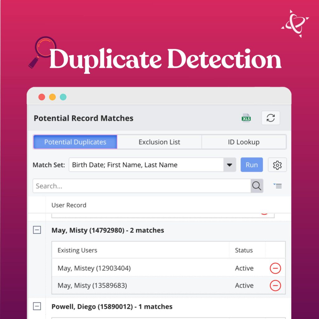 Screen shot of the duplicate detection tool in OnCourse student information system that shows potential duplicate data entries.