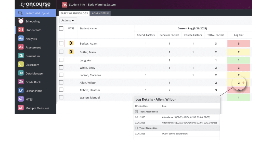Interface image of OnCourse Early Warning System
