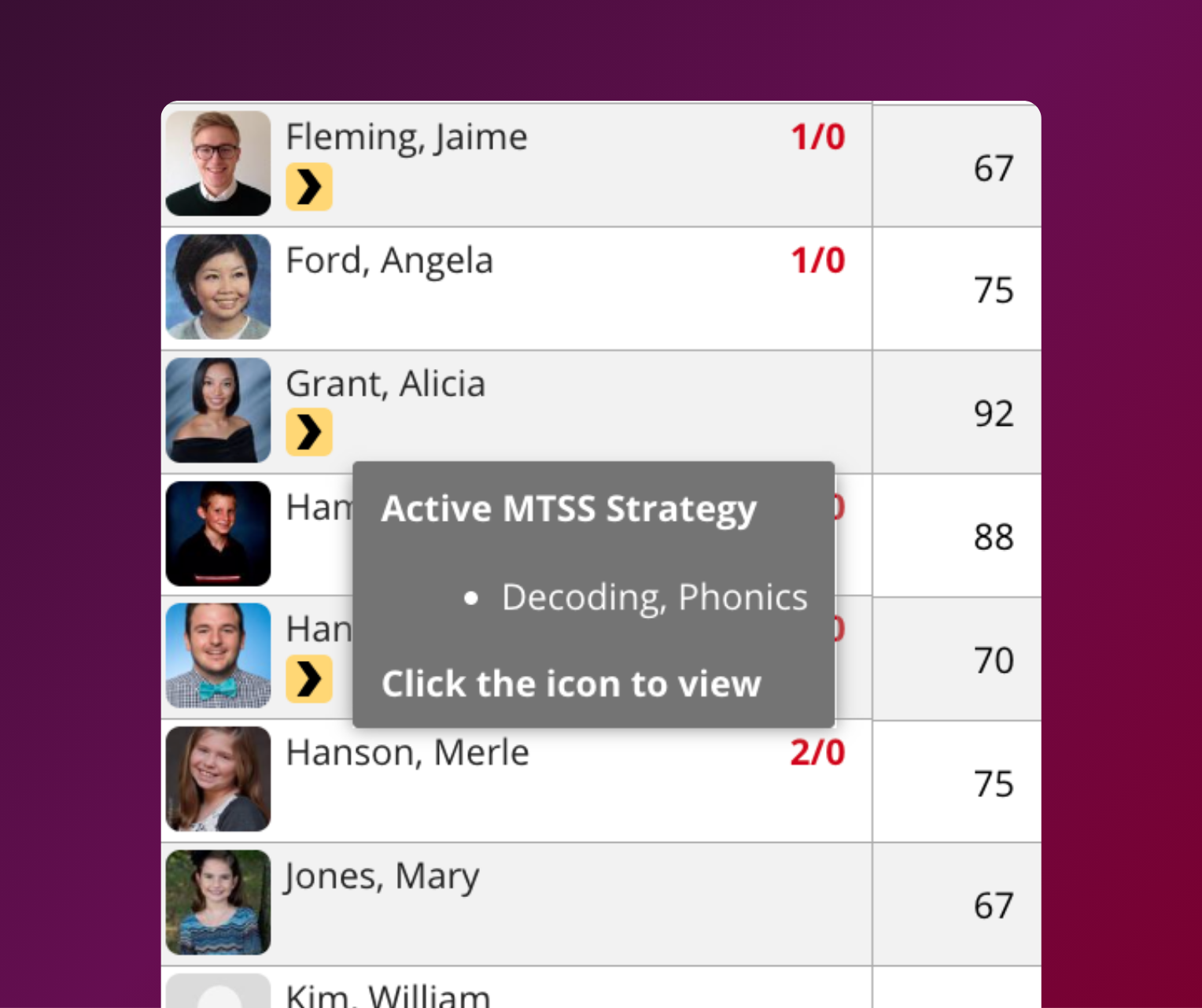 interface image of the OnCourse Gradebook showing an MTSS icon next to the student image.