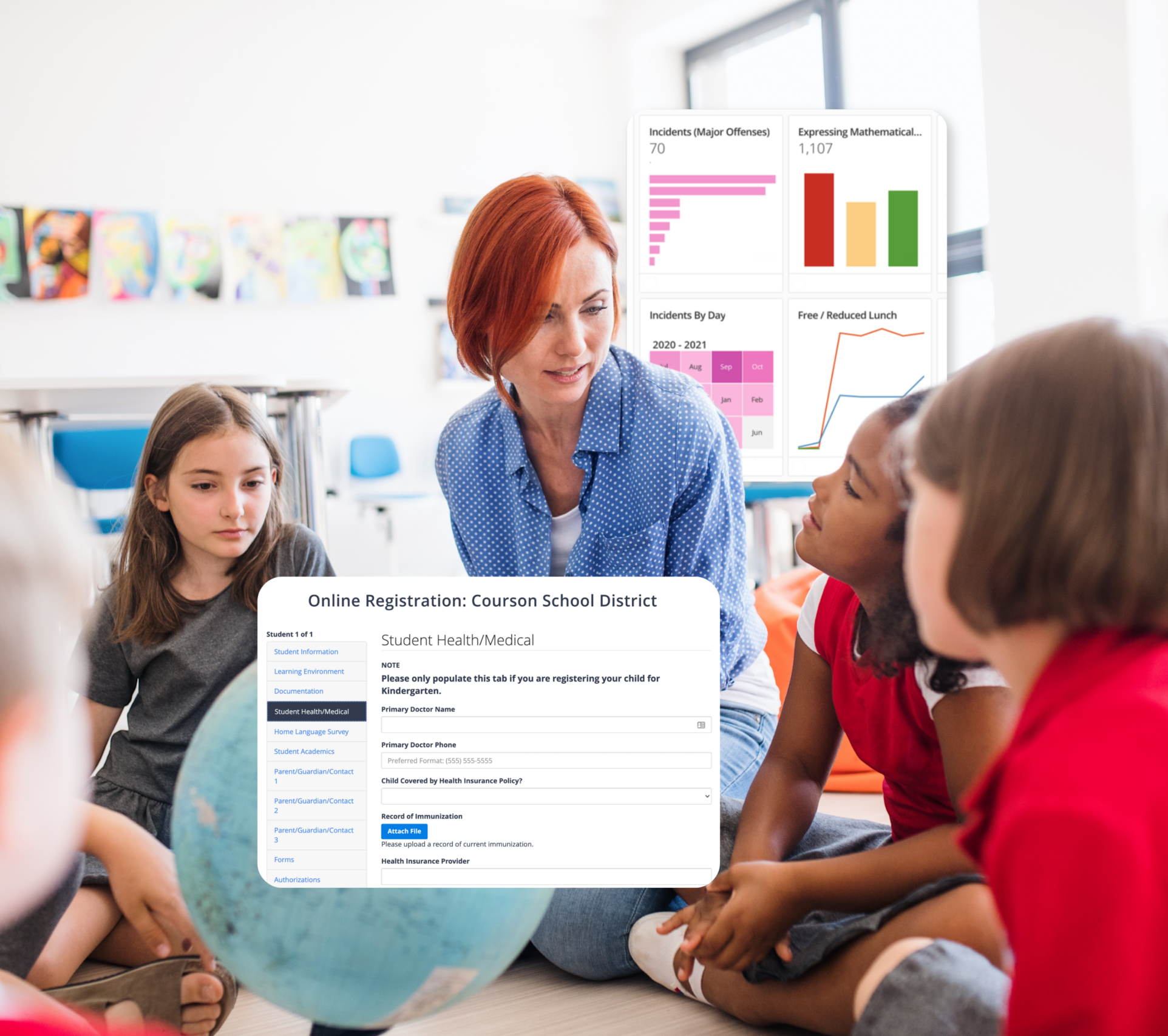 Teacher with OnCourse analytics and Online Registration form