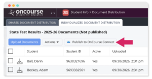 screenshot of OnCourse Doc Distribution, showing an upload and publish button